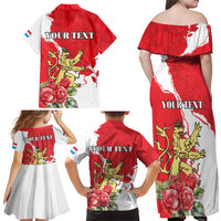 Personalized Luxembourg Goldcrest Regulus Family Matching Off Shoulder Maxi Dress and Hawaiian Shirt Red Roses - Wonder Print Shop