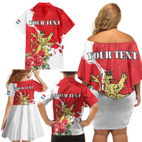 Personalized Luxembourg Goldcrest Regulus Family Matching Off Shoulder Short Dress and Hawaiian Shirt Red Roses - Wonder Print Shop