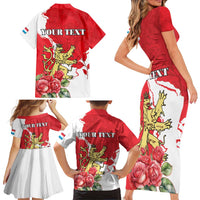 Personalized Luxembourg Goldcrest Regulus Family Matching Short Sleeve Bodycon Dress and Hawaiian Shirt Red Roses - Wonder Print Shop