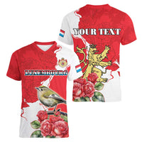 Personalized Luxembourg Goldcrest Regulus Women V-Neck T-Shirt Red Roses - Wonder Print Shop