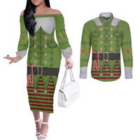 Christmas Costume Elf Couples Matching Off The Shoulder Long Sleeve Dress and Long Sleeve Button Shirt Classic Green Xmas Style - Wonder Print Shop