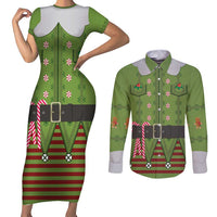 Christmas Costume Elf Couples Matching Short Sleeve Bodycon Dress and Long Sleeve Button Shirt Classic Green Xmas Style - Wonder Print Shop