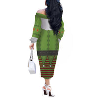 Christmas Costume Elf Off The Shoulder Long Sleeve Dress Classic Green Xmas Style - Wonder Print Shop