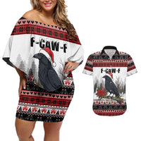 F Caw F Christmas Raven Personalized Couples Matching Off Shoulder Short Dress and Hawaiian Shirt Holiday Crow Festive - Wonder Print Shop
