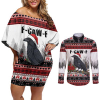 F Caw F Christmas Raven Personalized Couples Matching Off Shoulder Short Dress and Long Sleeve Button Shirt Holiday Crow Festive - Wonder Print Shop