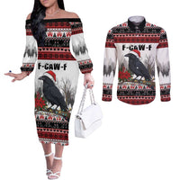 F Caw F Christmas Raven Personalized Couples Matching Off The Shoulder Long Sleeve Dress and Long Sleeve Button Shirt Holiday Crow Festive - Wonder Print Shop