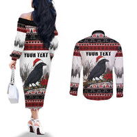 F Caw F Christmas Raven Personalized Couples Matching Off The Shoulder Long Sleeve Dress and Long Sleeve Button Shirt Holiday Crow Festive - Wonder Print Shop