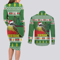 Suriname Christmas Couples Matching Long Sleeve Bodycon Dress and Long Sleeve Button Shirt Lesser Kiskadee With White Jungle Geranium - Wonder Print Shop
