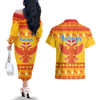 Montenegro Christmas Couples Matching Off The Shoulder Long Sleeve Dress and Hawaiian Shirt Double-headed Eagle With Christmas Pattern - Wonder Print Shop
