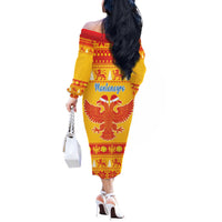 Montenegro Christmas Off The Shoulder Long Sleeve Dress Double-headed Eagle With Christmas Pattern - Wonder Print Shop