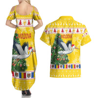 Moldova Christmas Couples Matching Summer Maxi Dress and Hawaiian Shirt White Stork Santa With Christmas Tree - Wonder Print Shop