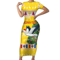 Moldova Christmas Family Matching Short Sleeve Bodycon Dress and Hawaiian Shirt White Stork Santa With Christmas Tree - Wonder Print Shop