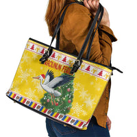 Moldova Christmas Leather Tote Bag White Stork Santa With Christmas Tree - Wonder Print Shop