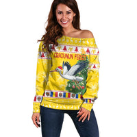 Moldova Christmas Off Shoulder Sweater White Stork Santa With Christmas Tree - Wonder Print Shop