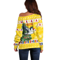 Moldova Christmas Off Shoulder Sweater White Stork Santa With Christmas Tree - Wonder Print Shop
