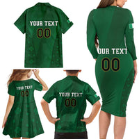 Custom Ireland Rugby Family Matching Long Sleeve Bodycon Dress and Hawaiian Shirt Shamrock With Ireland Flag Colors - Wonder Print Shop