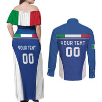 Custom Italy Football Couples Matching Off Shoulder Maxi Dress and Long Sleeve Button Shirt Italy Flag Pattern On Blue