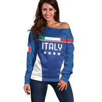Custom Italy Football Off Shoulder Sweater Italy Flag Pattern On Blue - Wonder Print Shop