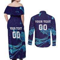 Custom Italy Rugby Couples Matching Off Shoulder Maxi Dress and Long Sleeve Button Shirt Gli Azzurri Flame Pattern