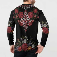 Czech Republic Traditional Costume Button Sweatshirt Embroidery Floral Pattern With Red Rose