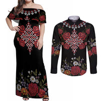 Czech Republic Traditional Costume Couples Matching Off Shoulder Maxi Dress and Long Sleeve Button Shirt Embroidery Floral Pattern With Red Rose
