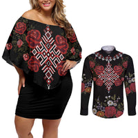 Czech Republic Traditional Costume Couples Matching Off Shoulder Short Dress and Long Sleeve Button Shirt Embroidery Floral Pattern With Red Rose