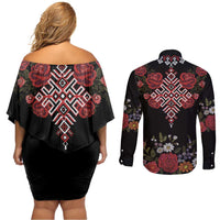 Czech Republic Traditional Costume Couples Matching Off Shoulder Short Dress and Long Sleeve Button Shirt Embroidery Floral Pattern With Red Rose