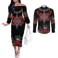 Czech Republic Traditional Costume Couples Matching Off The Shoulder Long Sleeve Dress and Long Sleeve Button Shirt Embroidery Floral Pattern With Red Rose
