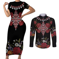 Czech Republic Traditional Costume Couples Matching Short Sleeve Bodycon Dress and Long Sleeve Button Shirt Embroidery Floral Pattern With Red Rose