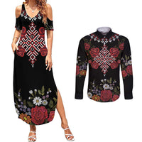 Czech Republic Traditional Costume Couples Matching Summer Maxi Dress and Long Sleeve Button Shirt Embroidery Floral Pattern With Red Rose