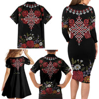 Czech Republic Traditional Costume Family Matching Long Sleeve Bodycon Dress and Hawaiian Shirt Embroidery Floral Pattern With Red Rose