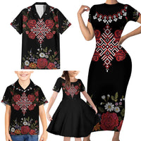 Czech Republic Traditional Costume Family Matching Short Sleeve Bodycon Dress and Hawaiian Shirt Embroidery Floral Pattern With Red Rose