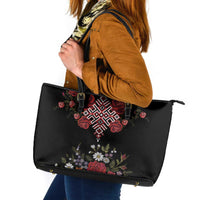 Czech Republic Traditional Costume Leather Tote Bag Embroidery Floral Pattern With Red Rose
