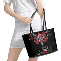Czech Republic Traditional Costume Leather Tote Bag Embroidery Floral Pattern With Red Rose