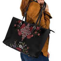 Czech Republic Traditional Costume Leather Tote Bag Embroidery Floral Pattern With Red Rose