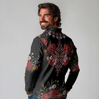 Czech Republic Traditional Costume Long Sleeve Polo Shirt Embroidery Floral Pattern With Red Rose