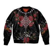 Czech Republic Traditional Costume Sleeve Zip Bomber Jacket Embroidery Floral Pattern With Red Rose
