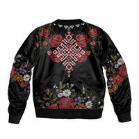Czech Republic Traditional Costume Sleeve Zip Bomber Jacket Embroidery Floral Pattern With Red Rose