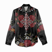 Czech Republic Traditional Costume Women Casual Shirt Embroidery Floral Pattern With Red Rose