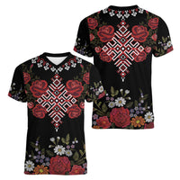 Czech Republic Traditional Costume Women V-Neck T-Shirt Embroidery Floral Pattern With Red Rose