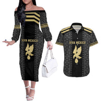 Custom Mexico Football Couples Matching Off The Shoulder Long Sleeve Dress and Hawaiian Shirt El Tri Aztec Pattern Back Version