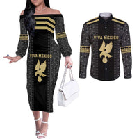 Custom Mexico Football Couples Matching Off The Shoulder Long Sleeve Dress and Long Sleeve Button Shirt El Tri Aztec Pattern Back Version