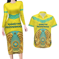 Personalized Kazakhstan Emblem Couples Matching Long Sleeve Bodycon Dress and Hawaiian Shirt Kazakh Pattern