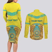 Personalized Kazakhstan Emblem Couples Matching Long Sleeve Bodycon Dress and Long Sleeve Button Shirt Kazakh Pattern