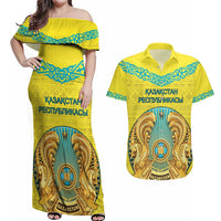 Personalized Kazakhstan Emblem Couples Matching Off Shoulder Maxi Dress and Hawaiian Shirt Kazakh Pattern