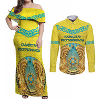 Personalized Kazakhstan Emblem Couples Matching Off Shoulder Maxi Dress and Long Sleeve Button Shirt Kazakh Pattern