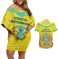 Personalized Kazakhstan Emblem Couples Matching Off Shoulder Short Dress and Hawaiian Shirt Kazakh Pattern