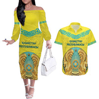 Personalized Kazakhstan Emblem Couples Matching Off The Shoulder Long Sleeve Dress and Hawaiian Shirt Kazakh Pattern