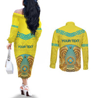 Personalized Kazakhstan Emblem Couples Matching Off The Shoulder Long Sleeve Dress and Long Sleeve Button Shirt Kazakh Pattern