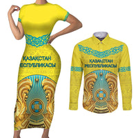 Personalized Kazakhstan Emblem Couples Matching Short Sleeve Bodycon Dress and Long Sleeve Button Shirt Kazakh Pattern